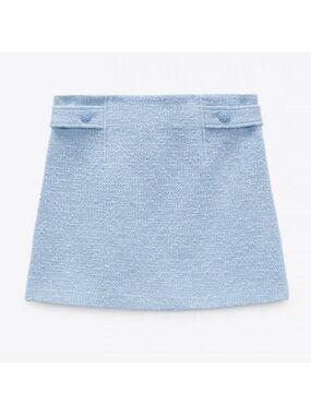 Zara Short Textured Tweed Sky Blue Mini Skirt